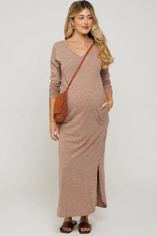 Backless Women Dress for a Sexy and Alluring Look at Evening EventsMocha Heathered Pocketed Long Sleeve Maternity Maxi Dress