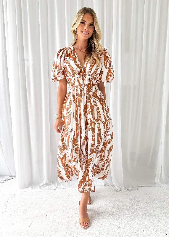 Off - the - Shoulder Women Dress for a Romantic and Feminine LookPikora Midi Dress - Tan Abstract