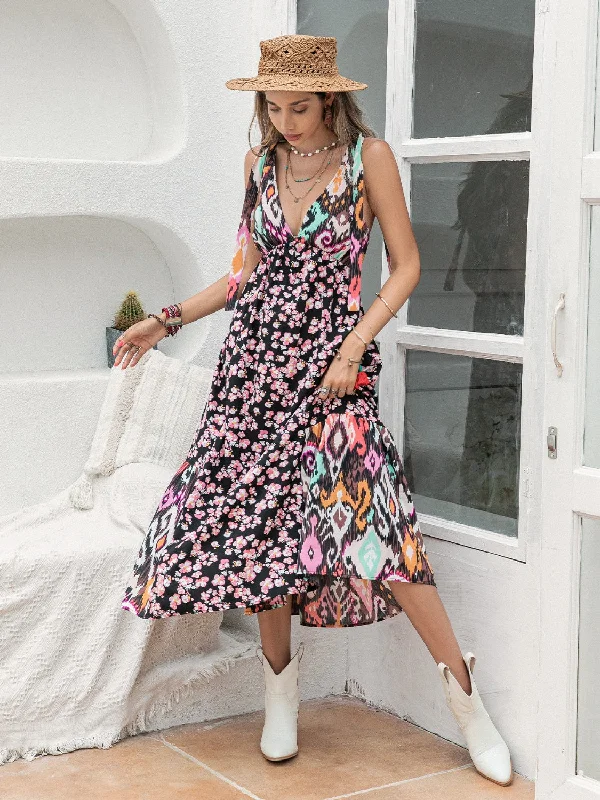 Halter Neck Women Dress to Show Off the Shoulders and NecklinePrinted Plunge Sleeveless Midi Dress