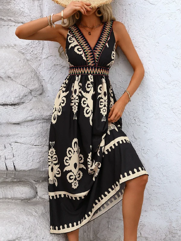 Pleated Women Dress with a Timeless and Elegant TexturePrinted Surplice Sleeveless Midi Dress