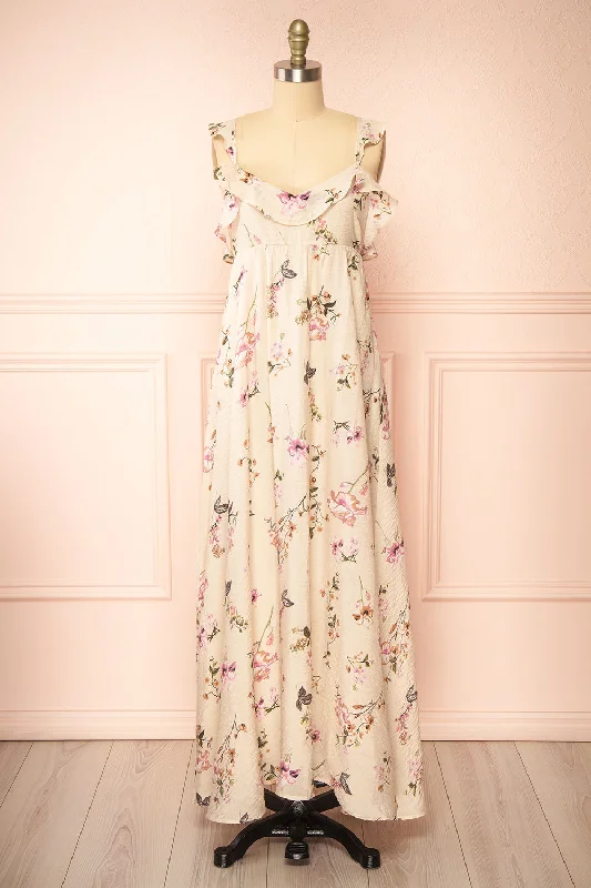 Mermaid - Style Women Dress with a Fitted Silhouette for Special OccasionsQueenie Beige | Floral Maxi Dress w/ Ruffled Straps