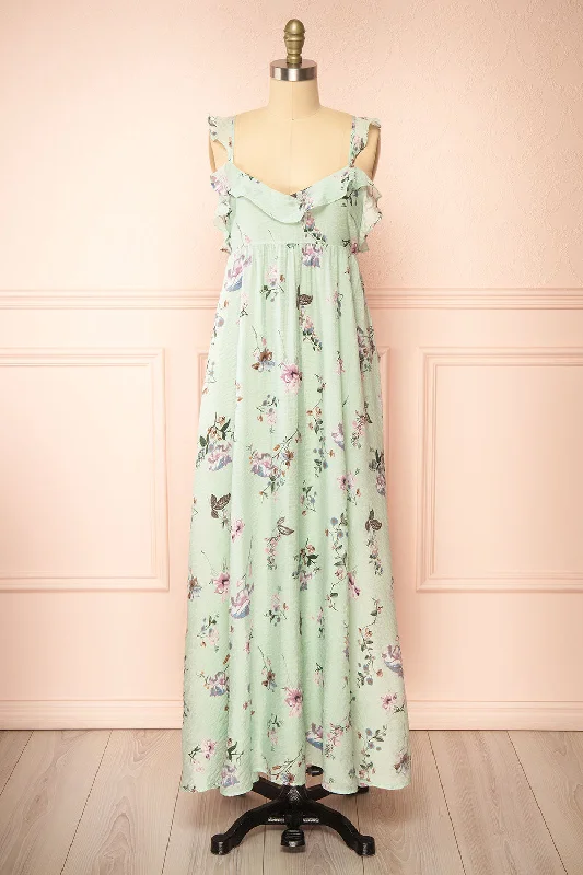 Ruffled Women Dress with Multiple Layers for a Playful and Girly StyleQueenie Green | Floral Maxi Dress w/ Ruffled Straps