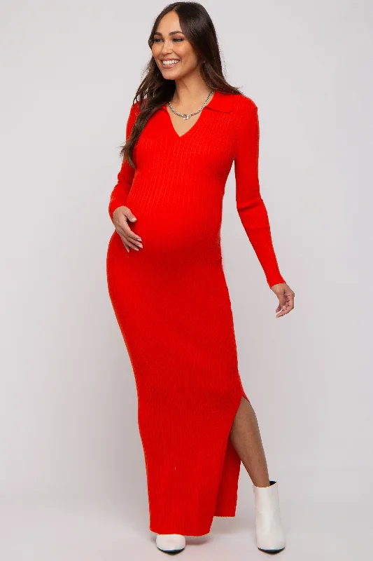 Strapless Women Dress with a Built - in Bra for Comfort and SupportRed Orange Rib Knit Collared Maternity Maxi Dress