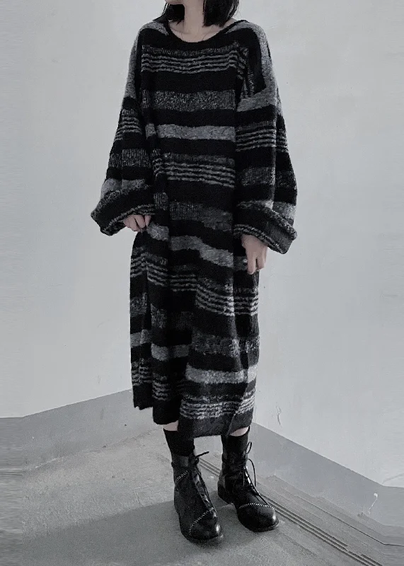 Mock Neck Women's Angora Blend Sweater Dresses in Solid ColorsLoose Black O Neck Striped Cashmere Sweaters Dress Fall