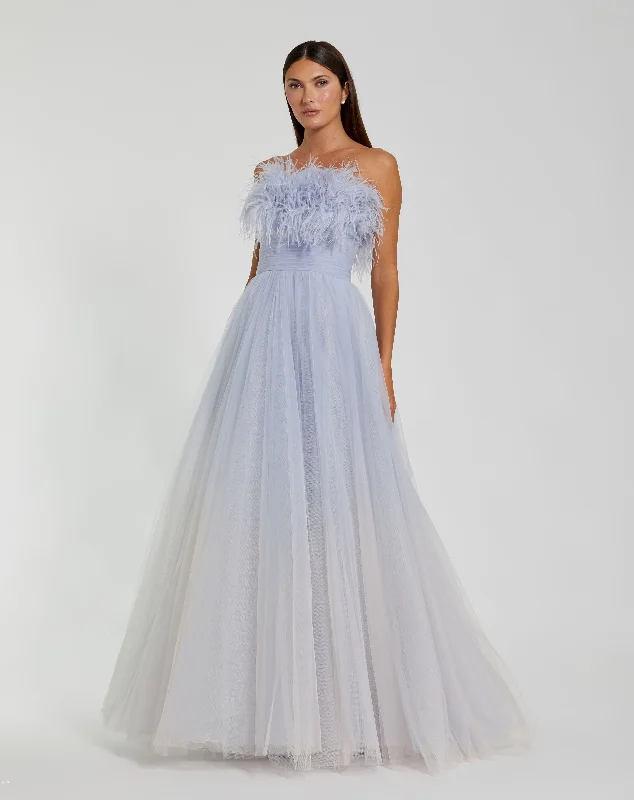 Plus Size Women Dress with a Flattering A - Line Cut for Comfort and StyleBlue Ombre Strapless Feather Bodice Tulle Gown