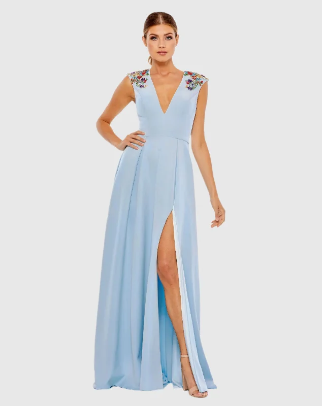 Off - the - Shoulder Women Dress for a Romantic and Feminine LookDark Blue Beaded Cap Sleeve V Neck A Line Gown