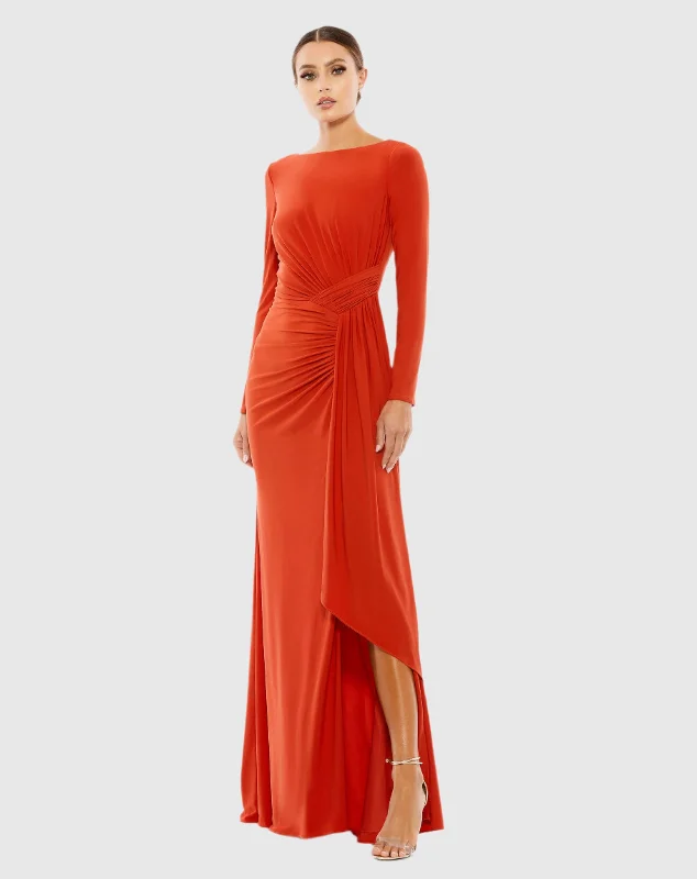 Pleated Women Dress with a Timeless and Elegant TextureOrange Ruched Long Sleeve Cowl Neck Gown