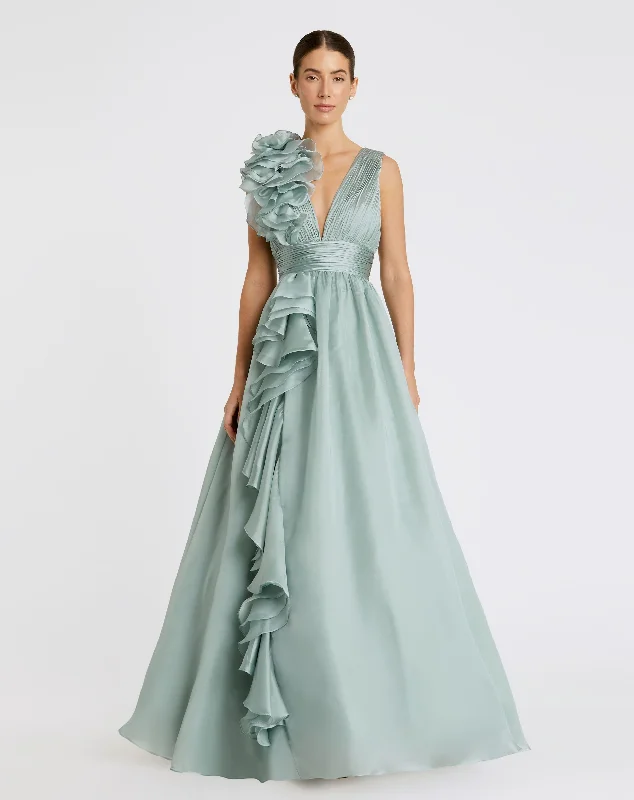 Pleated Women Dress with a Timeless and Elegant TextureMint Green Ruffle Shoulder V-Neck Chiffon Gown