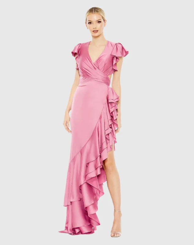 Wrap - Style Women Dress with Adjustable Fit for All Body TypesPink Flutter Sleeve Cut Out Asymmetrical Ruffled Gown