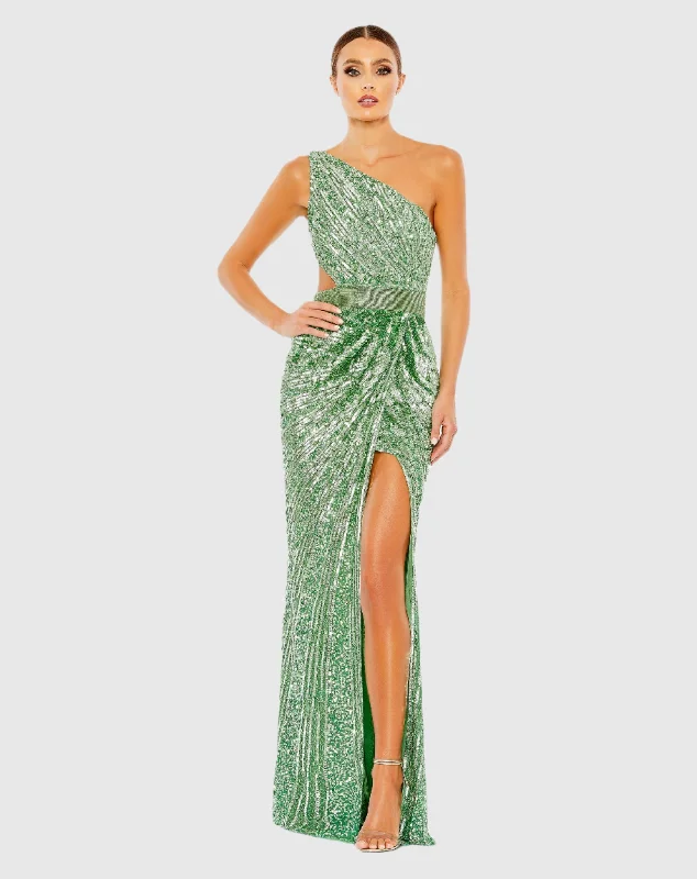 Pleated Women Dress with a Timeless and Elegant TextureGreen Sequined One Shoulder Draped Lace Up Gown