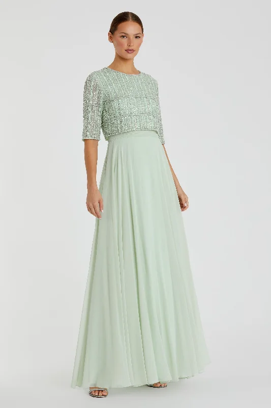 Wrap - Style Women Dress with Adjustable Fit for All Body TypesGreen Chiffon Gown w/ Fully Beaded 3/4 Sleeve Top