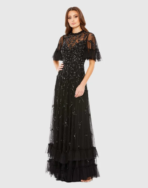 Halter Neck Women Dress to Show Off the Shoulders and NecklineBlack Ruffled Floral Embellished Flutter Sleeve A-Line Gown