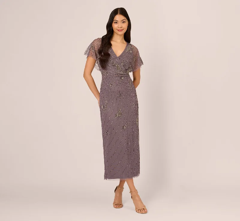 Long - Sleeve Women Dress in Velvet for a Luxurious Winter LookBeaded Ankle Length Dress With Sheer Flutter Sleeves In Moonscape