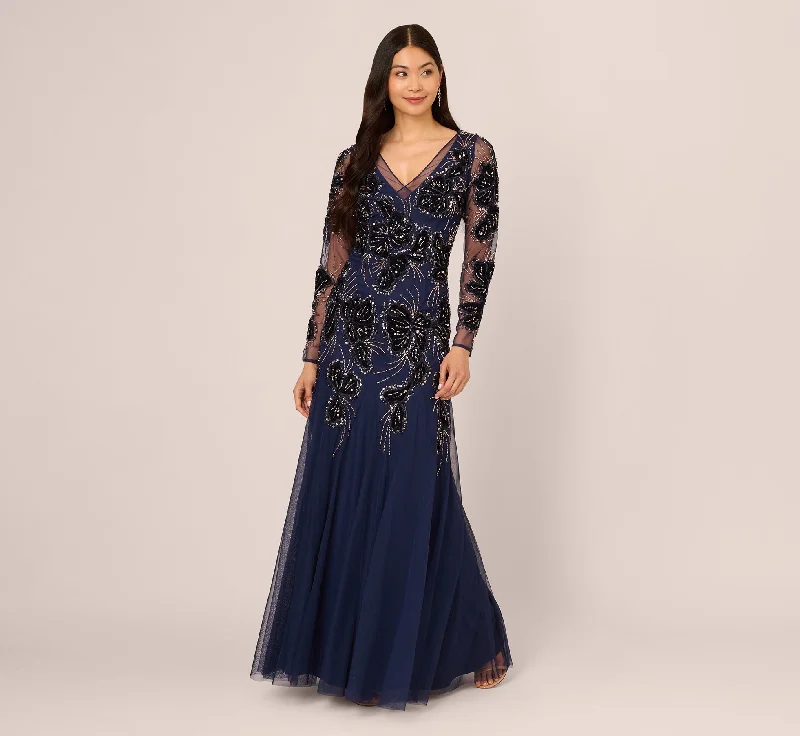 Mini Women Dress with a Short Hem for a Young and Trendy StyleBeaded Long Sleeve Mermaid Gown With Velvet Trim In Light Navy