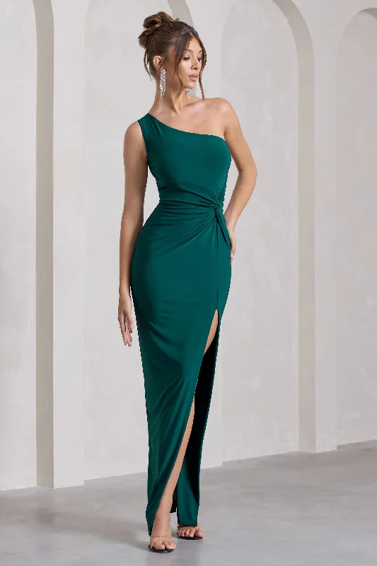 Backless Women Dress for a Sexy and Alluring Look at Evening EventsCoralina | Bottle Green One Shoulder Open-Back Split Maxi Dress