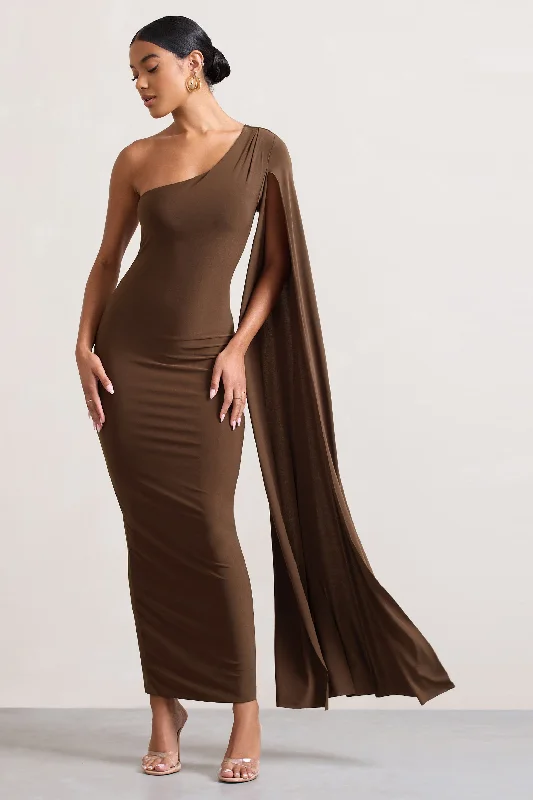 Printed Abstract Women Dress for a Modern and Artistic AppealDominique | Chocolate Brown One Shoulder Cape Sleeve Bodycon Maxi Dress