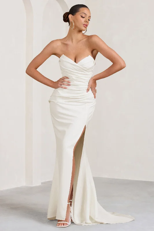 Mermaid - Style Women Dress with a Fitted Silhouette for Special OccasionsElene | White Pleated Split Fishtail Maxi Dress