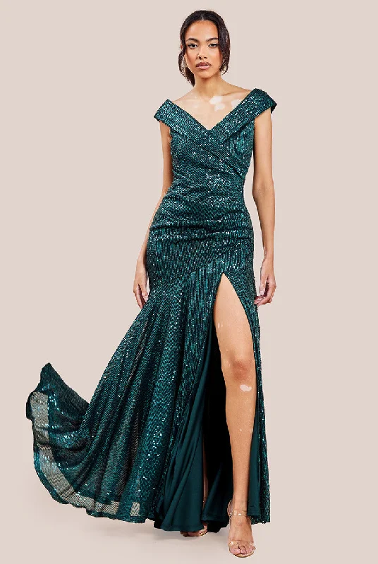 Ball Gown Women Dress with a Full Skirt for a Princess - like LookGoddiva Bardot Sequin Pleated Maxi Dress - Emerald Green