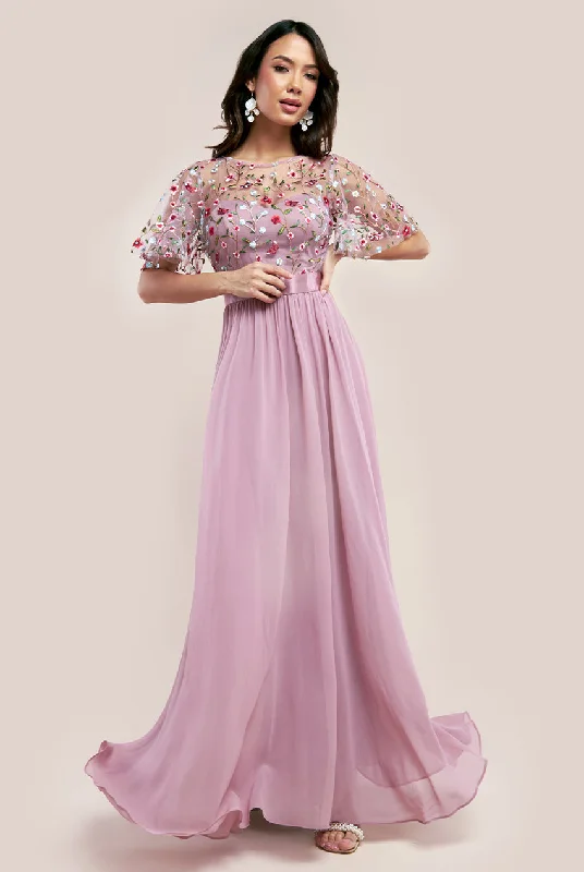 Sheath Women Dress with a Tailored Fit for a Professional LookGoddiva Embroidered Top Flutter Sleeve Maxi - Rosepink