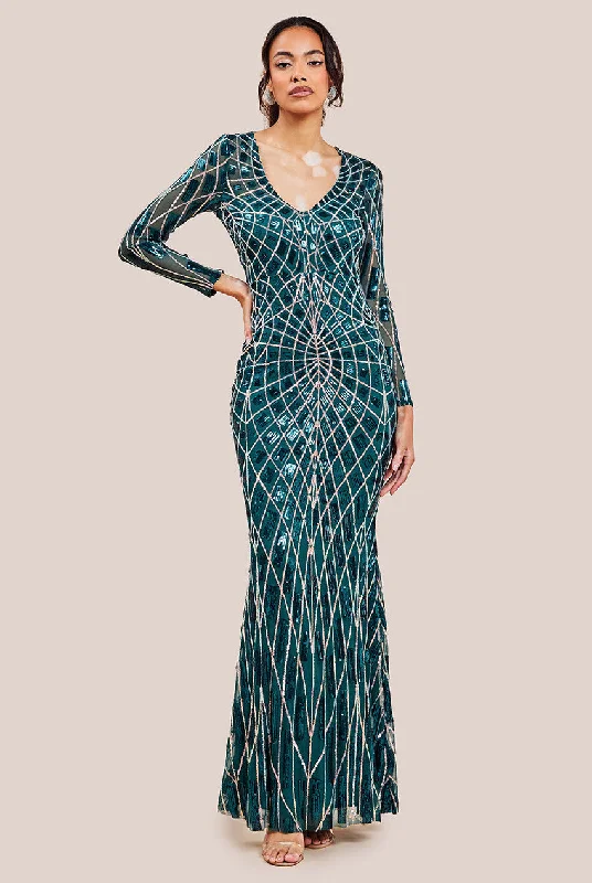 Wrap - Style Women Dress with Adjustable Fit for All Body TypesGoddiva Geo Sequin Long Sleeve Maxi Dress - Emerald