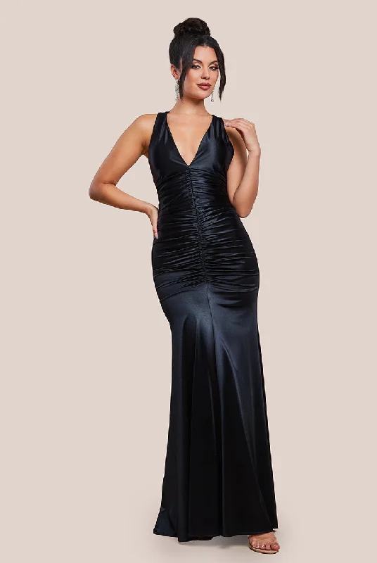 Mini Women Dress with a Short Hem for a Young and Trendy StyleGoddiva Multi-Tied Satin Gathered Ring Maxi Dress - Black