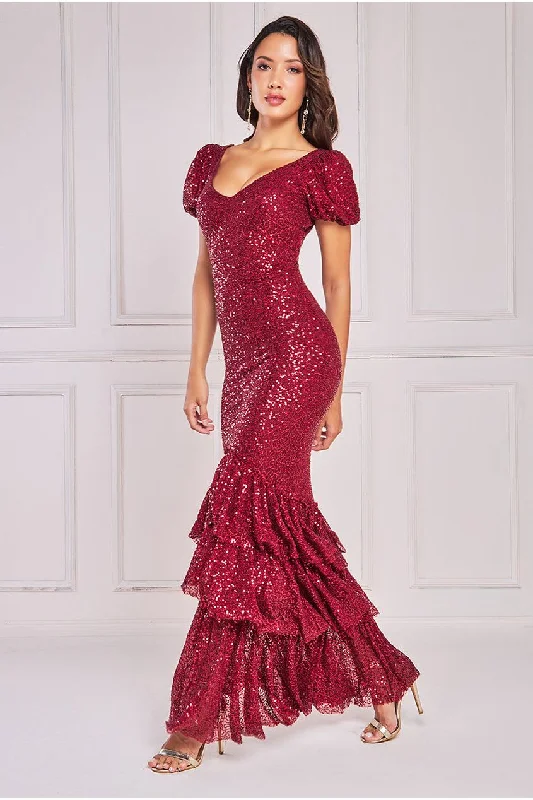 Mermaid - Style Women Dress with a Fitted Silhouette for Special OccasionsGoddiva Puff Sleeve Tiered Hem Maxi Dress - Wine