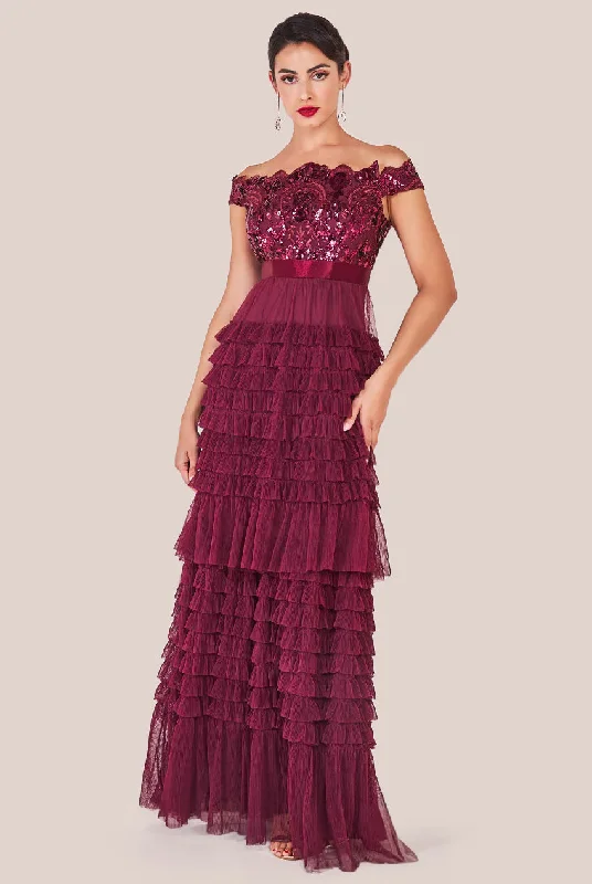 Long - Sleeve Women Dress in Velvet for a Luxurious Winter LookGoddiva Scallop Bardot Ruffle Mesh Maxi - Burgundy