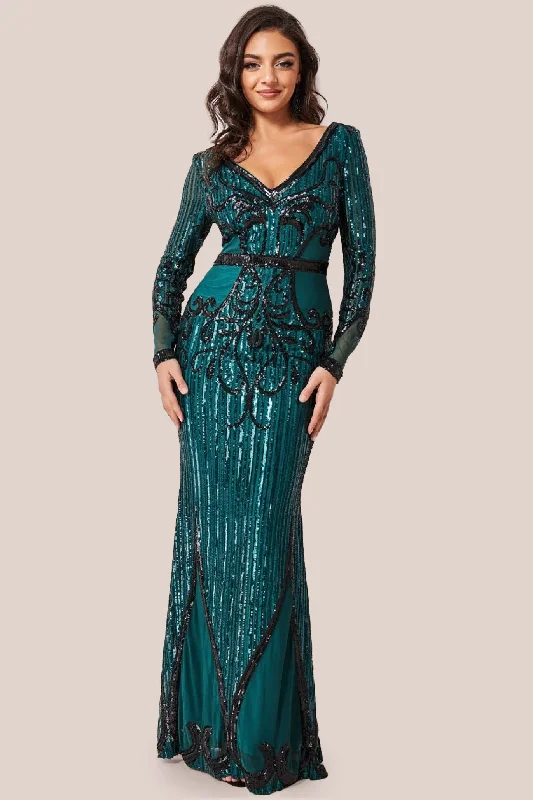 Backless Women Dress for a Sexy and Alluring Look at Evening EventsGoddiva Sequin & Mesh Embroidered Maxi Dress - Emerald