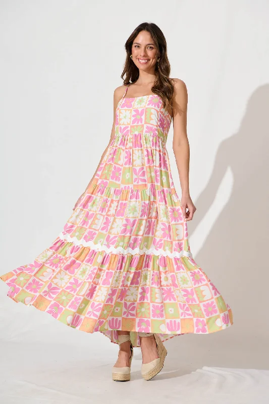 Off - the - Shoulder Women Dress for a Romantic and Feminine LookLove And Roses Maxi Sundress In Pink Multi With Ric Rac Trim