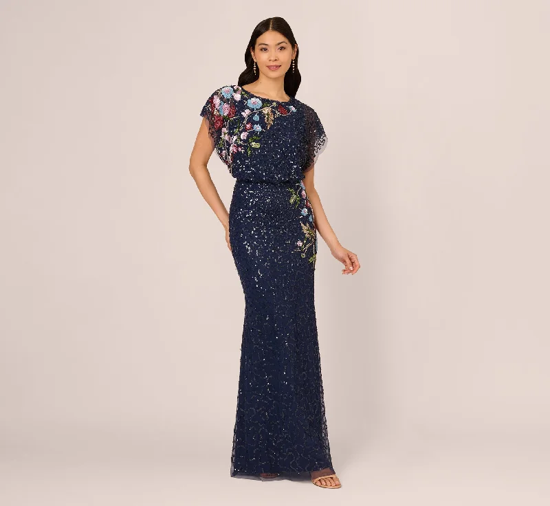 Wrap - Style Women Dress with Adjustable Fit for All Body TypesMulticolor Floral Beaded Mermaid Gown With Dolman Sleeves In Midnight Multi