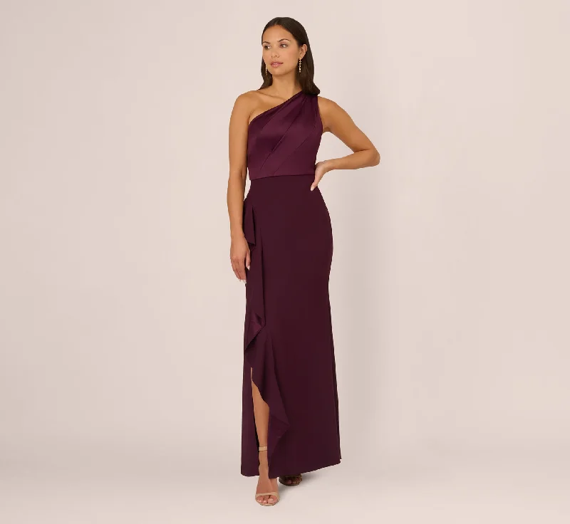 Empire Waist Women Dress to Accentuate the Bust and Conceal the WaistOne-Shoulder Long Satin Crepe Mermaid Gown In Bordeaux Glow