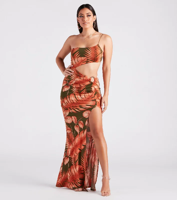 Plus Size Women Dress with a Flattering A - Line Cut for Comfort and StyleSunkissed Beauty Tropical Print Cutout Maxi Dress