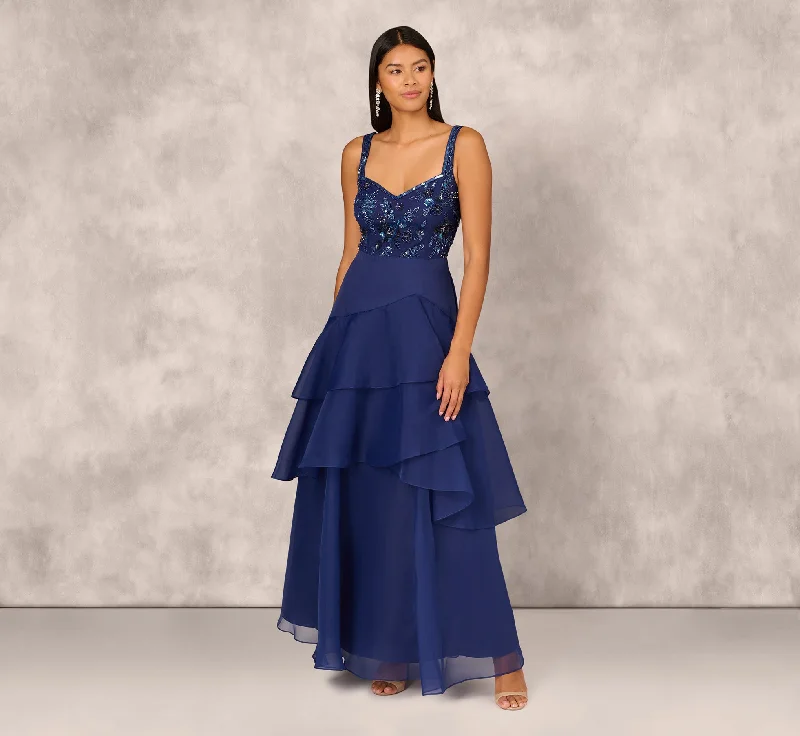 Shift Women Dress with a Simple and Classic Design for Everyday WearTiered Organza Gown With Beaded Bodice In Navy