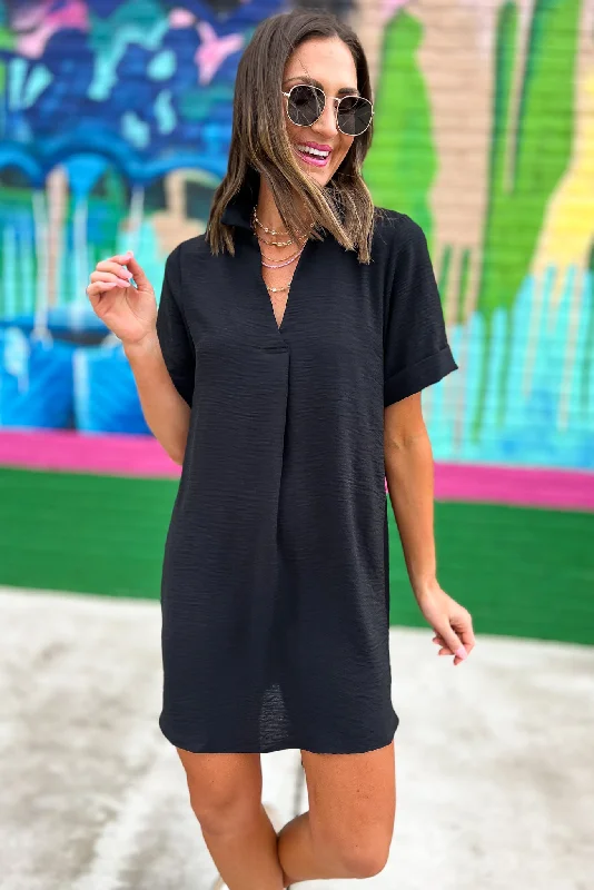 Pleated Women Dress with a Timeless and Elegant TextureBlack Collared V Neck Rolled Sleeves Shift Dress