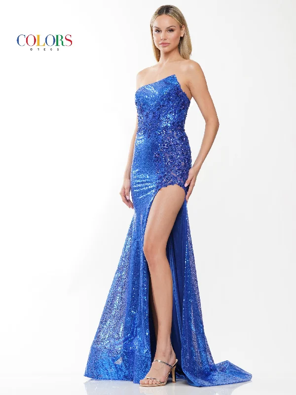 Strapless Women Dress with a Built - in Bra for Comfort and SupportColors 3129 Long Strapless Fitted Sequin Prom Dress