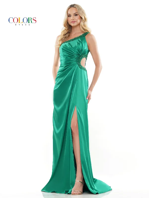 Sleeveless Women Dress in Bright Colors for Summer PartiesColors 3222 Long One Shoulder Fitted Satin Prom Dress