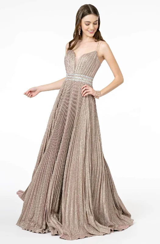 Printed Abstract Women Dress for a Modern and Artistic AppealElizabeth K - GL2905 Deep V Neck Pleated Metallic Glitter A-Line Gown