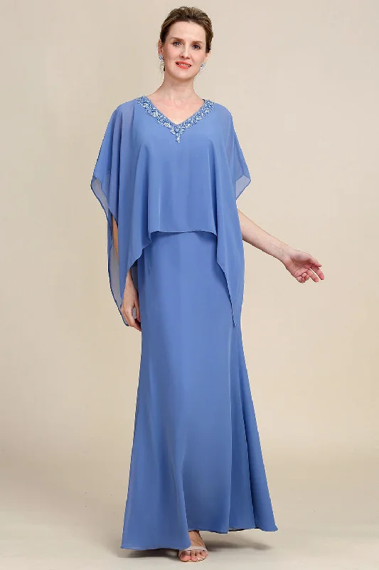 Empire Waist Women Dress to Accentuate the Bust and Conceal the WaistGrey Blue Sparkly Beaded Batwing Sleeves Mother of the Bride Dress