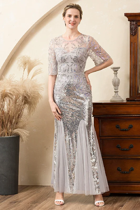 Mermaid - Style Women Dress with a Fitted Silhouette for Special OccasionsGrey Mermaid Sparkly Beaded Sequins Mother of the Bride Dress