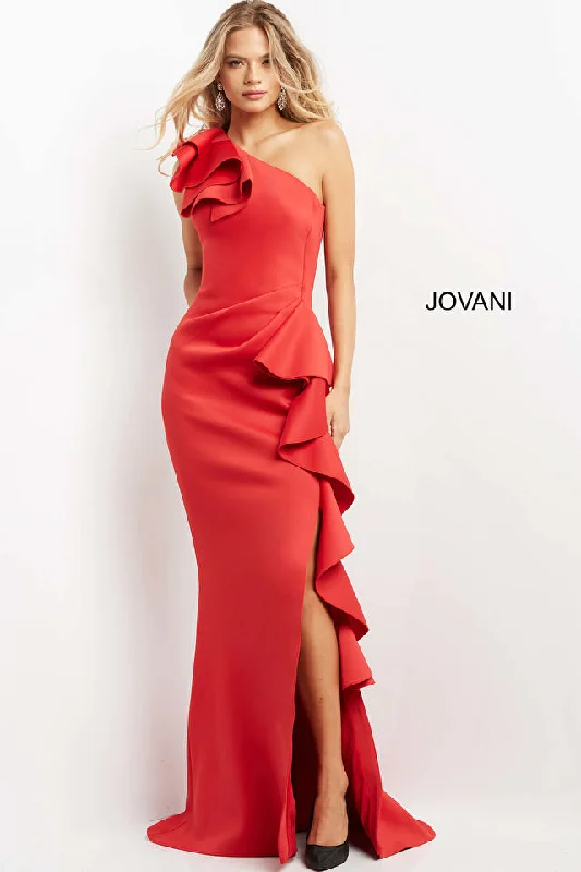 Mini Women Dress with a Short Hem for a Young and Trendy StyleJovani 06603 One Shoulder Ruffle Trim High Slit Formal Dress