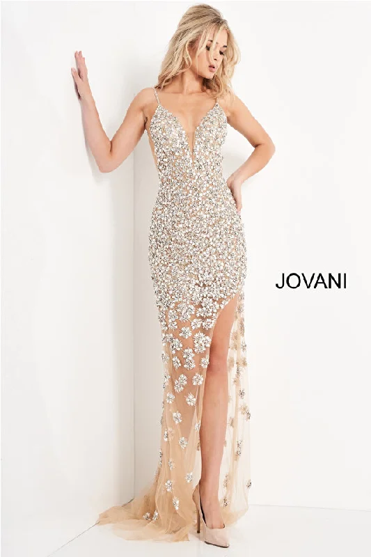 Plus Size Women Dress with a Flattering A - Line Cut for Comfort and StyleJovani 02492 Beaded High Slit Long Prom Dress