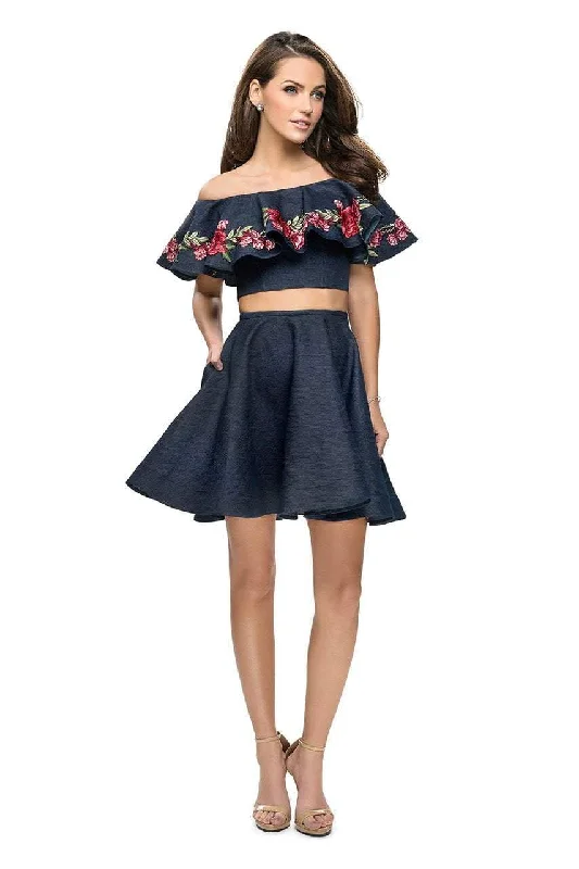 Mermaid - Style Women Dress with a Fitted Silhouette for Special OccasionsLa Femme - 26627 Two Piece Floral Applique Denim Dress