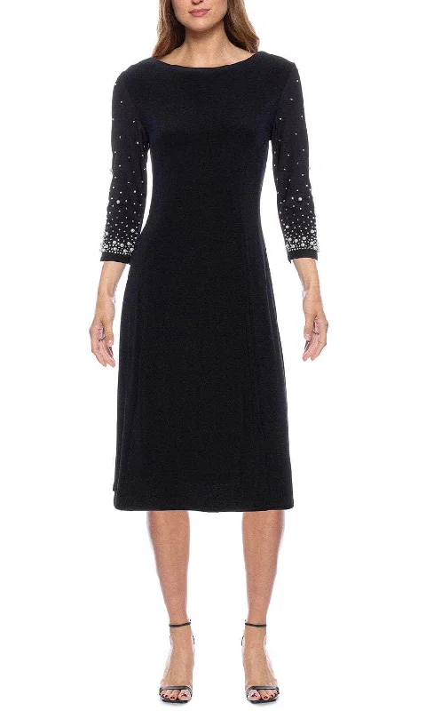 Sheath Women Dress with a Tailored Fit for a Professional LookMarina 268402 - Beaded Quarter Length Sleeve Midi Dress