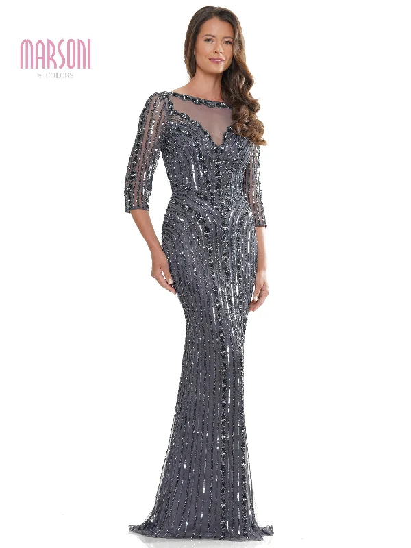 Off - the - Shoulder Women Dress for a Romantic and Feminine LookMarsoni MV1260 Mother of the Bride Long Beaded Mesh Quarter Sleeve Dress