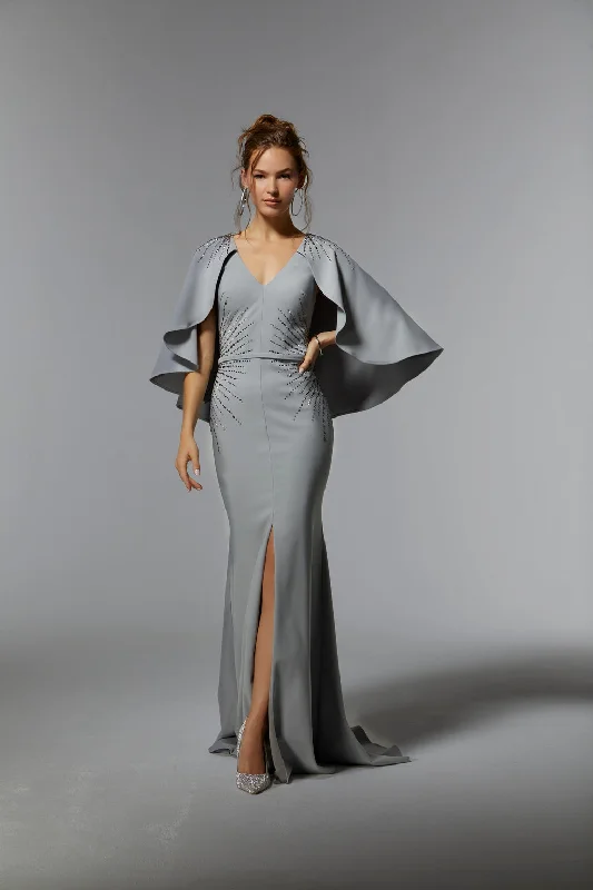 Empire Waist Women Dress to Accentuate the Bust and Conceal the WaistMGNY Madeline Gardner New York 72914 Evening Long Dress with Detachable Cape