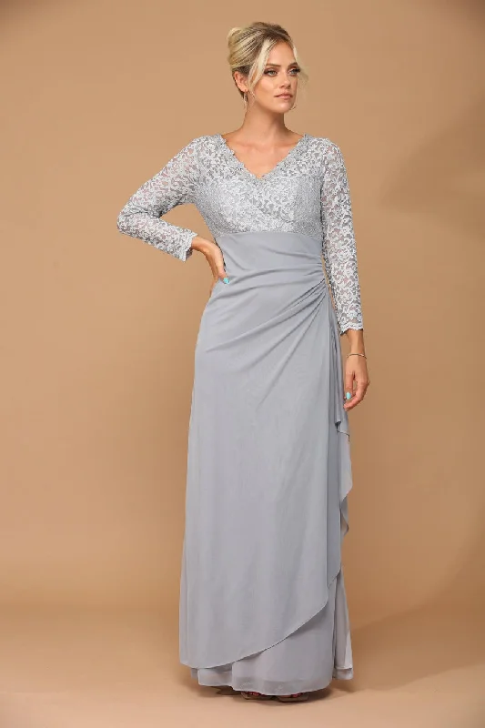 Lace - Embellished Women Dress for an Elegant and Sophisticated AppearanceSilver 2XL Long Sleeve Formal Mother of the Bride Evening Gown Sale