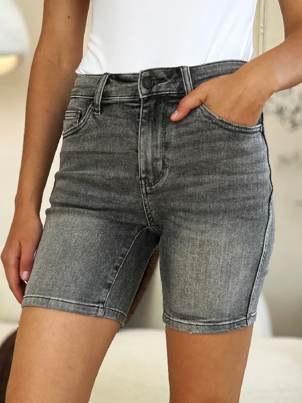 Elastic Waist Women Shorts for Easy Wear and ComfortJudy Blue Mid Rise Grey Washed Bermuda Denim Shorts