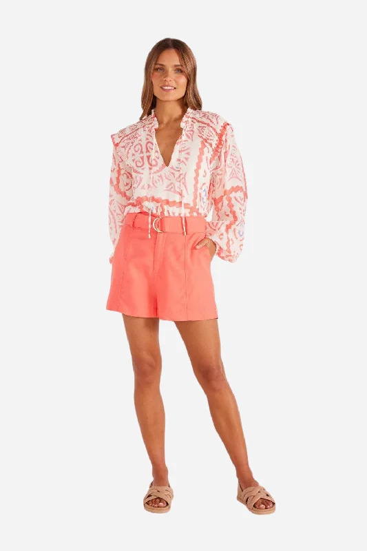 Patterned Geometric Women Shorts for a Modern AppealMinkpink Lila Belted Linen Shorts in Pink