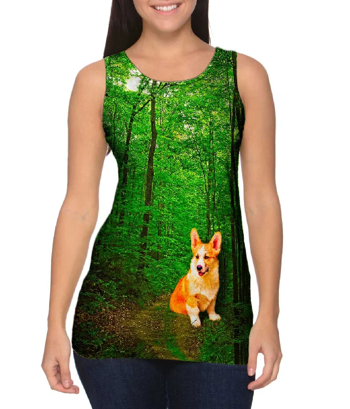 Plus Size Women's Embroidered Tank Tops in Boho StylesOrange White Yorkie Forest