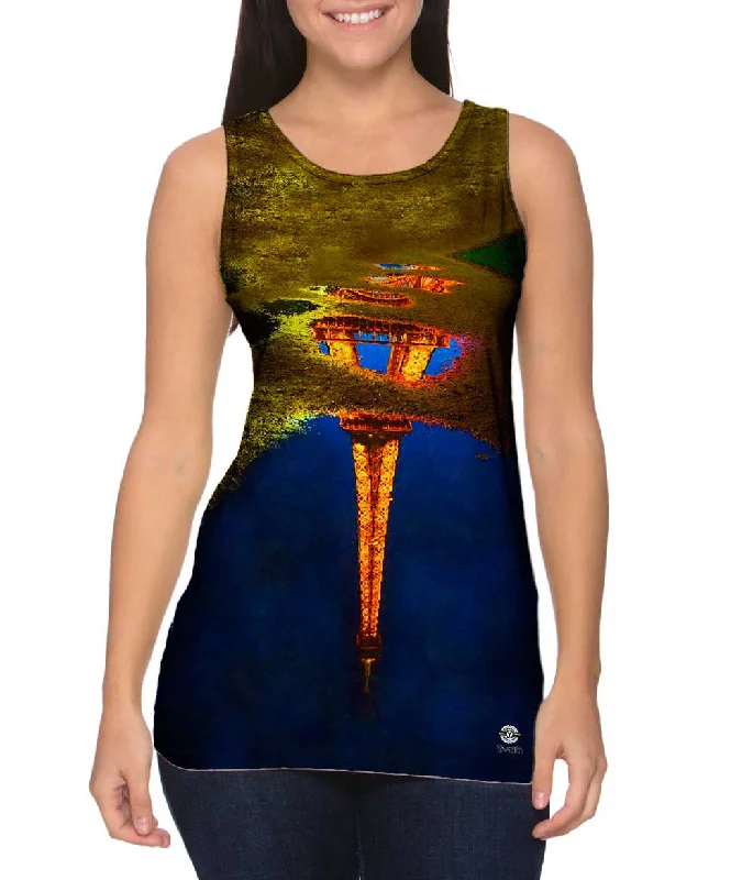 Plus Size Women's Puff - Sleeve Tank Tops in Pastel HuesReflection Of The Eiffel Tower In A Water Puddle